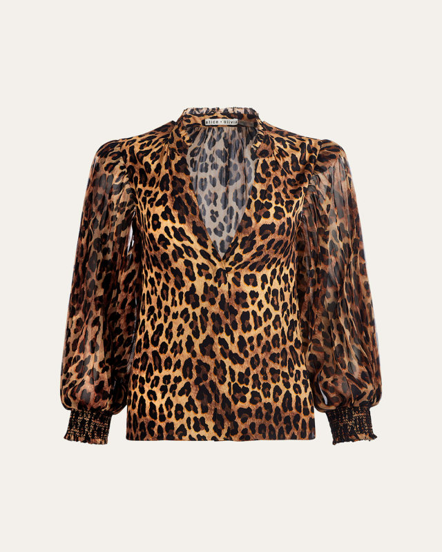 Ilan Leopard Pleated Blouson-Sleeve Blouse
