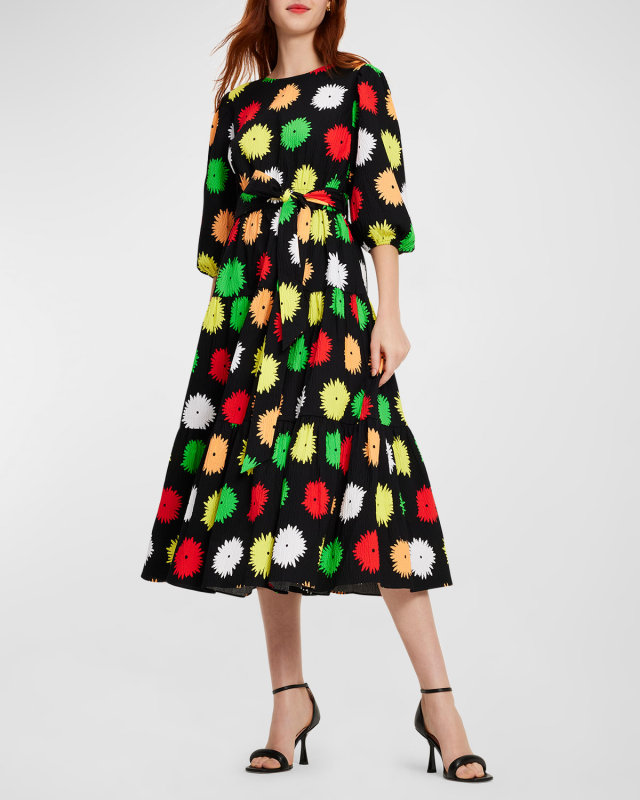 pom pom tiered floral-print midi dress