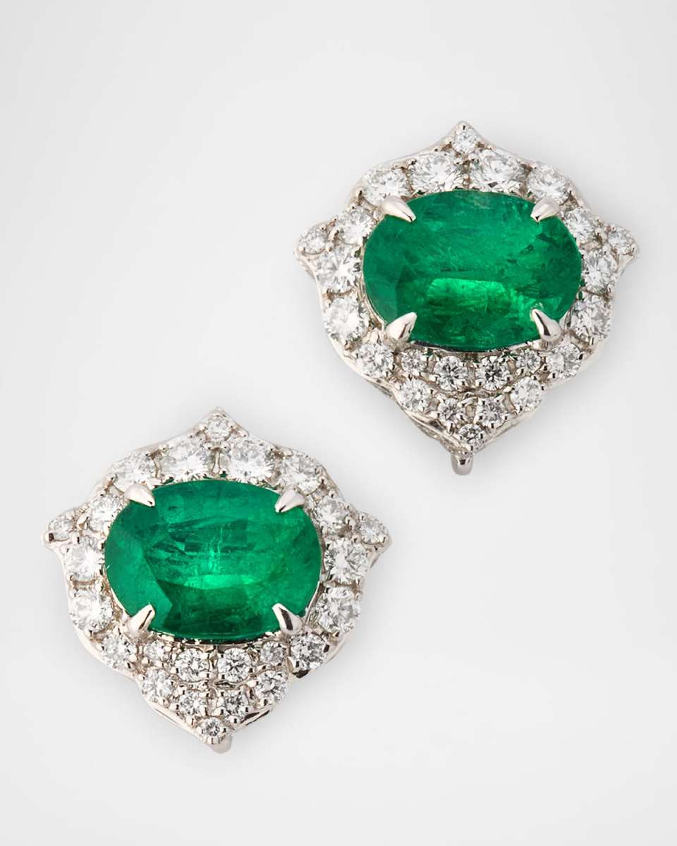 18K White Gold Oval Emerald and Diamond Stud Earrings