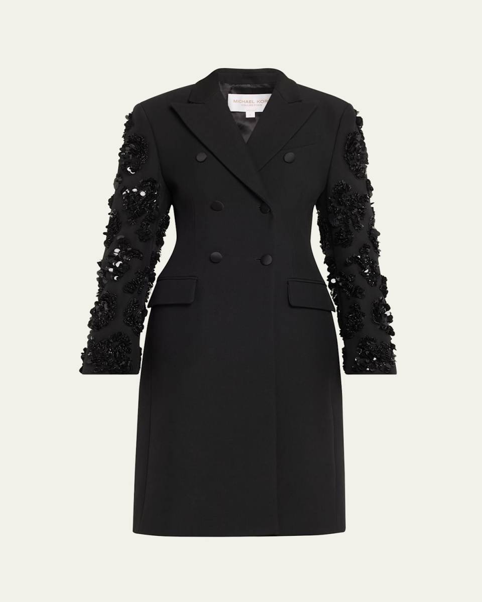 Sequined-Sleeve Double Breasted Wool Coat