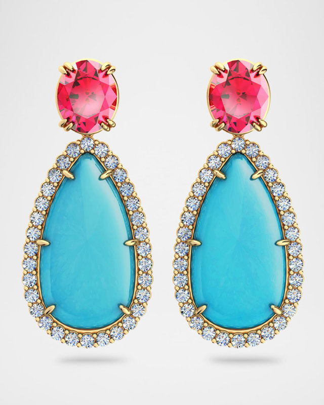 Winnie Earrings with Rubellite, Turquoise, and Diamonds