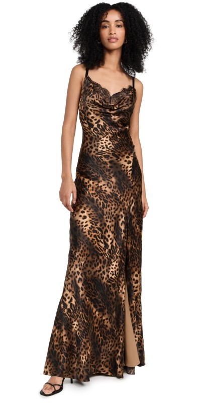 L'AGENCE Venice Cowl Lace NK Gown Brown Multi Oil Leopard