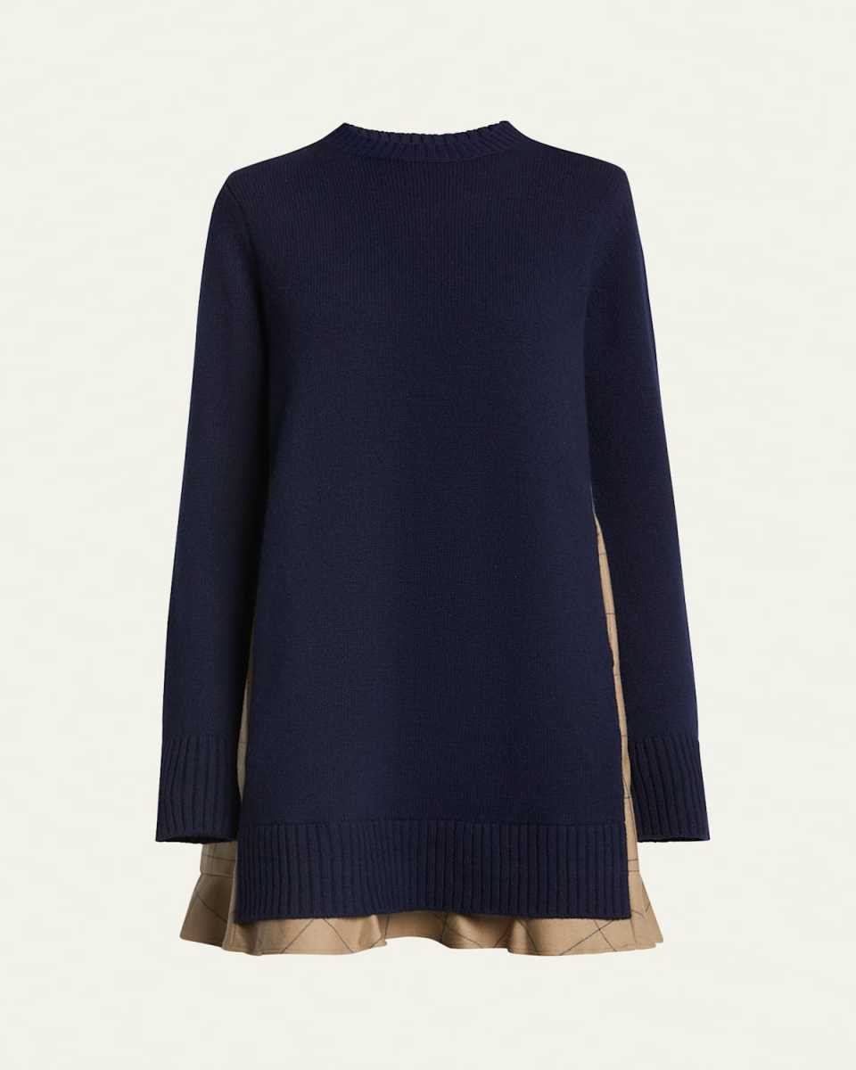 Long-Sleeve Knit Mini Dress with Windowpane Print Underlay