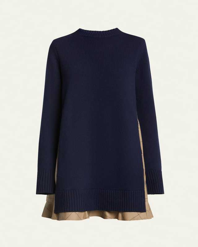 Long-Sleeve Knit Mini Dress with Windowpane Print Underlay