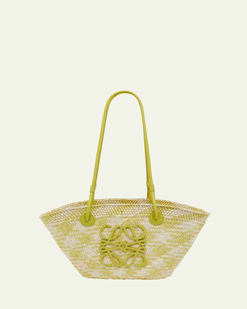x Paula's Ibiza Anagram Basket Shoulder Bag in Checkered Iraca Palm with Leather Handles