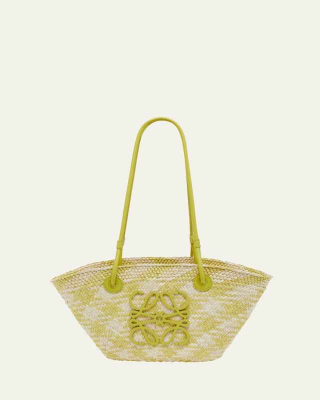 x Paula's Ibiza Anagram Basket Shoulder Bag in Checkered Iraca Palm with Leather Handles