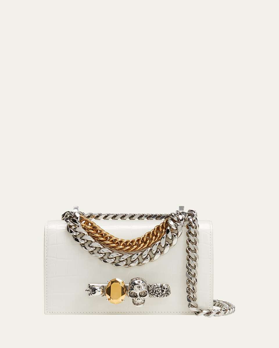Mini Skull Jewel Croc-Embossed Crossbody Bag