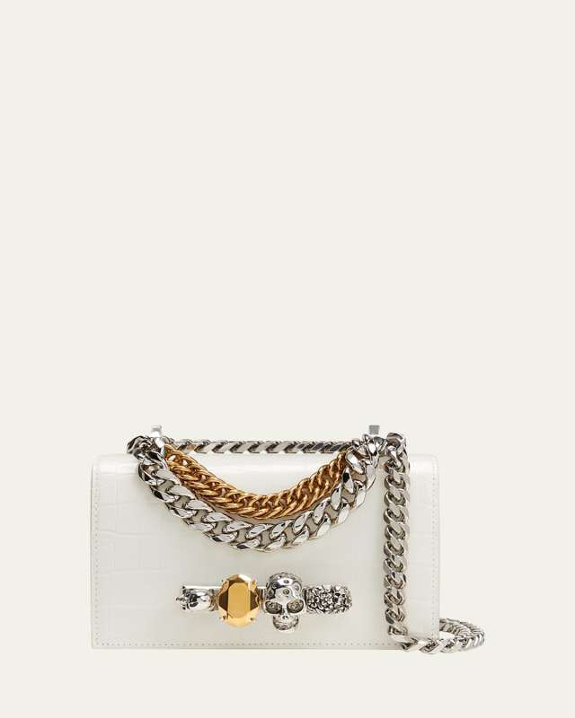 Mini Skull Jewel Croc-Embossed Crossbody Bag