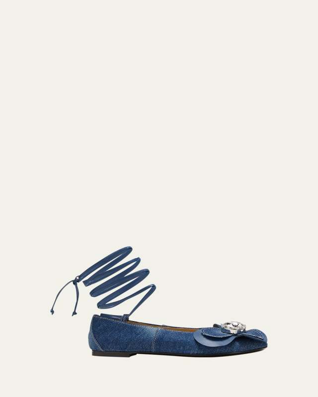 Denim Flower Ankle-Wrap Ballerina Flats