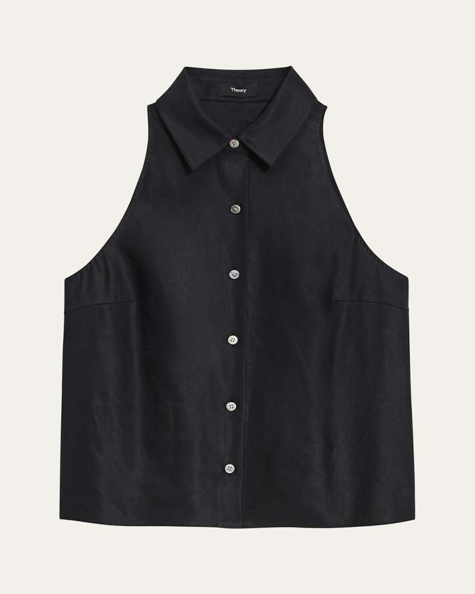 Sleeveless Linen-Blend Button-Front Halter Shirt