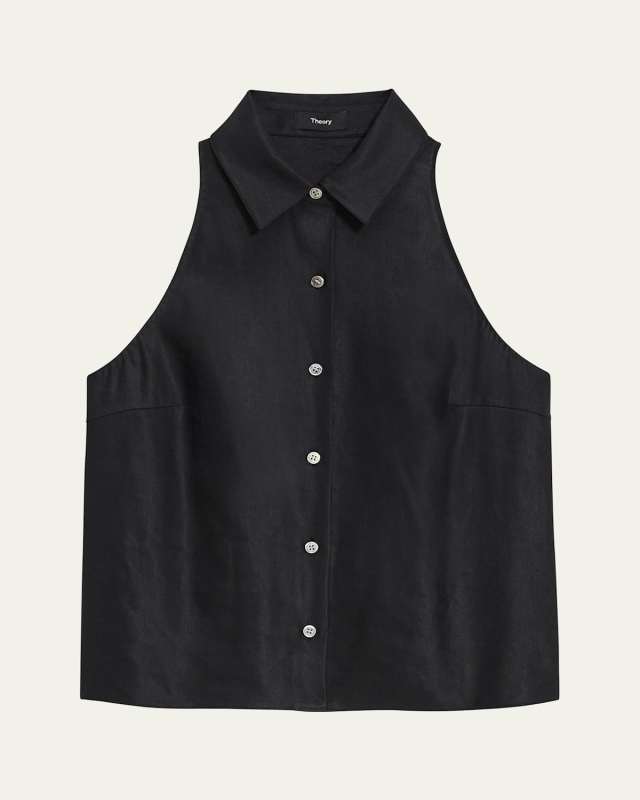 Sleeveless Linen-Blend Button-Front Halter Shirt