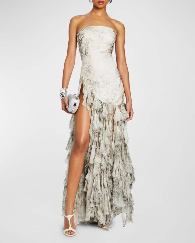 Verena Strapless Silk Ruffle-Hem Slit Dress