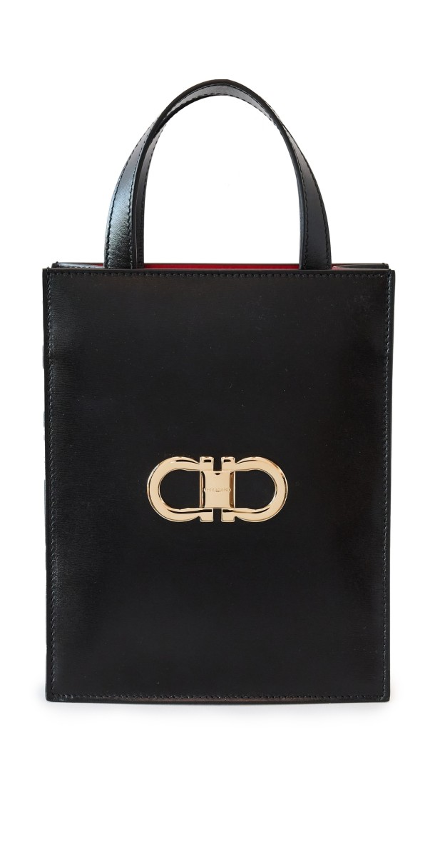 FERRAGAMO Double Gancio Bicolor Tote Nero/ Flame Red