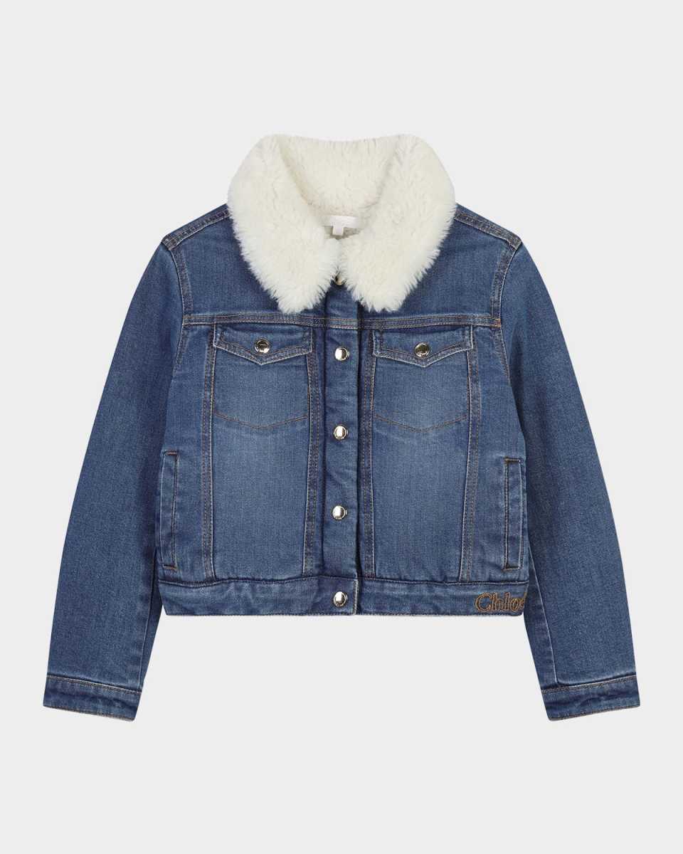 Girl's Faux Shearling Collared Denim Jacket, Size 8-14