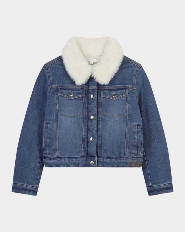 Girl's Faux Shearling Collared Denim Jacket, Size 8-14