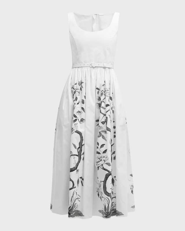 Scoop-Neck Flower Branch-Print Belted Poplin Midi Dress