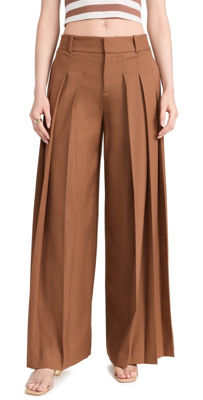 alice + olivia Simon High Rise Wide Leg Pleated Trousers Camel
