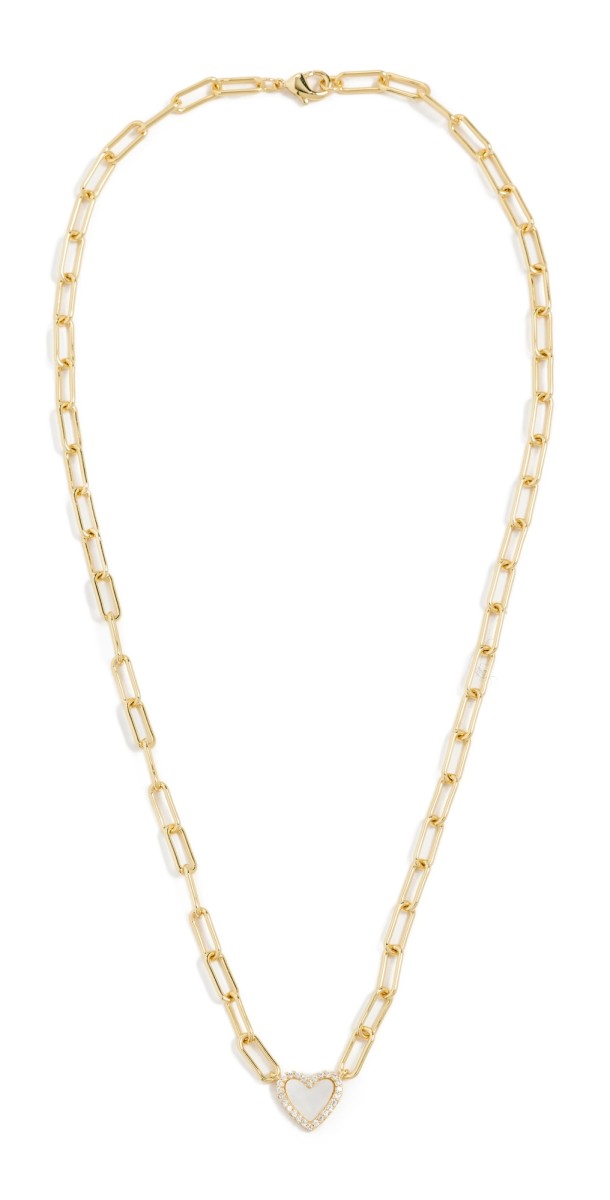 By Adina Eden Pave Colored Stone Heart Paperclip Necklace Mother of Pearl