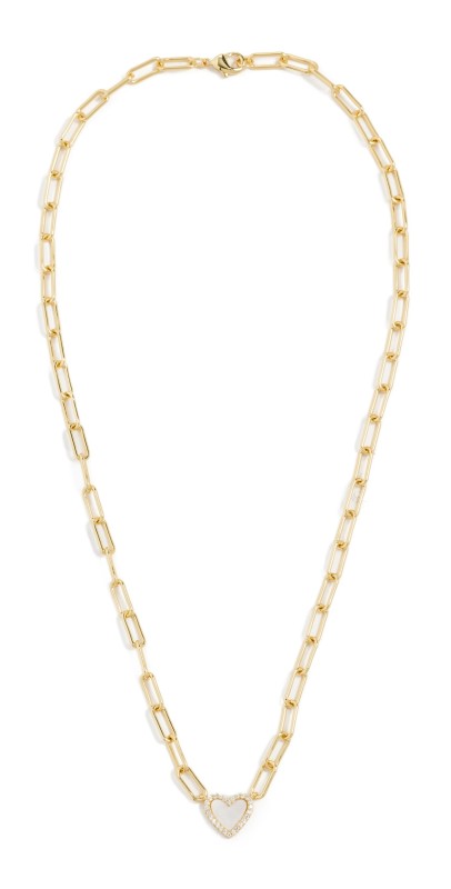 By Adina Eden Pave Colored Stone Heart Paperclip Necklace Mother of Pearl