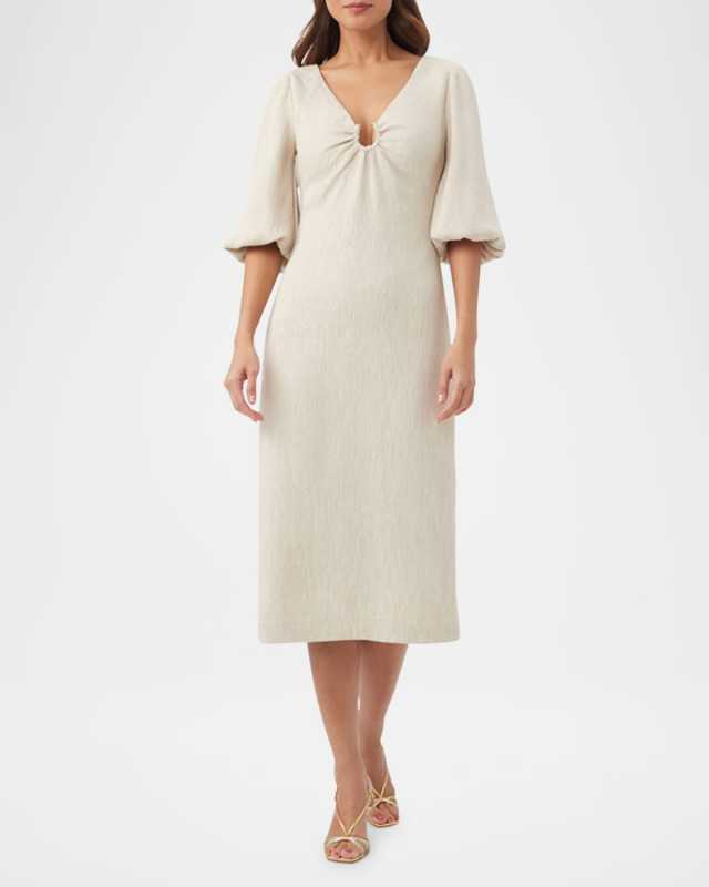 Madeline Crinkled Blouson-Sleeve Midi Dress