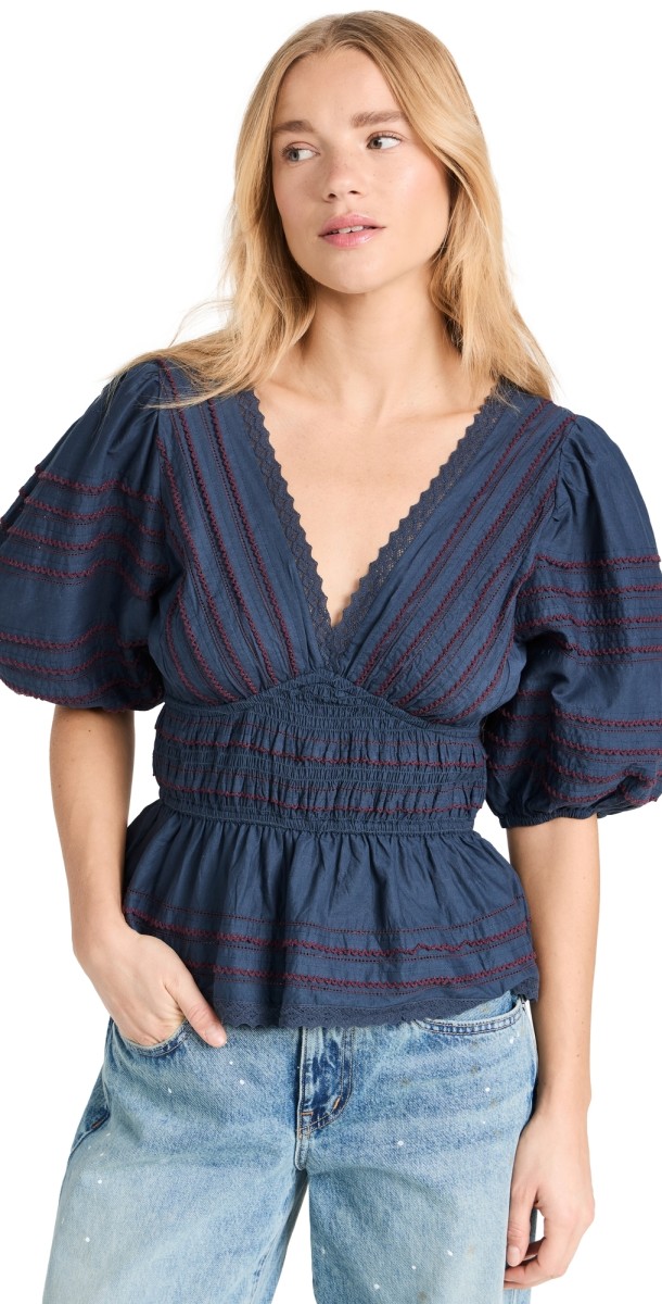 Sea Mable Cambric Puff Sleeve Pleated Top Admiral