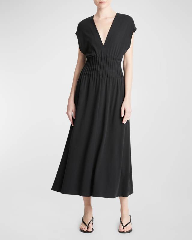Pintuck V-Neck Short-Sleeve Midi A-Line Dress