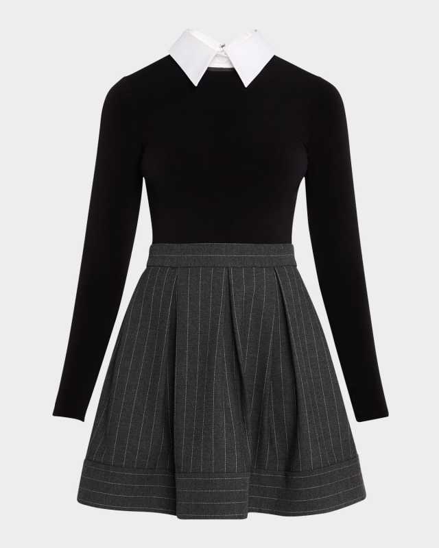 Chara Long-Sleeve Pleated Dress with Collar