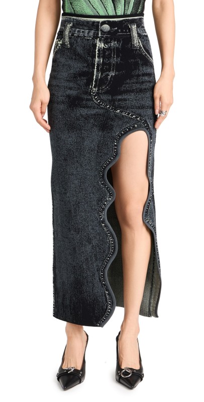 PH5 Lily Denim Print Wavy Midi Skirt Black Green
