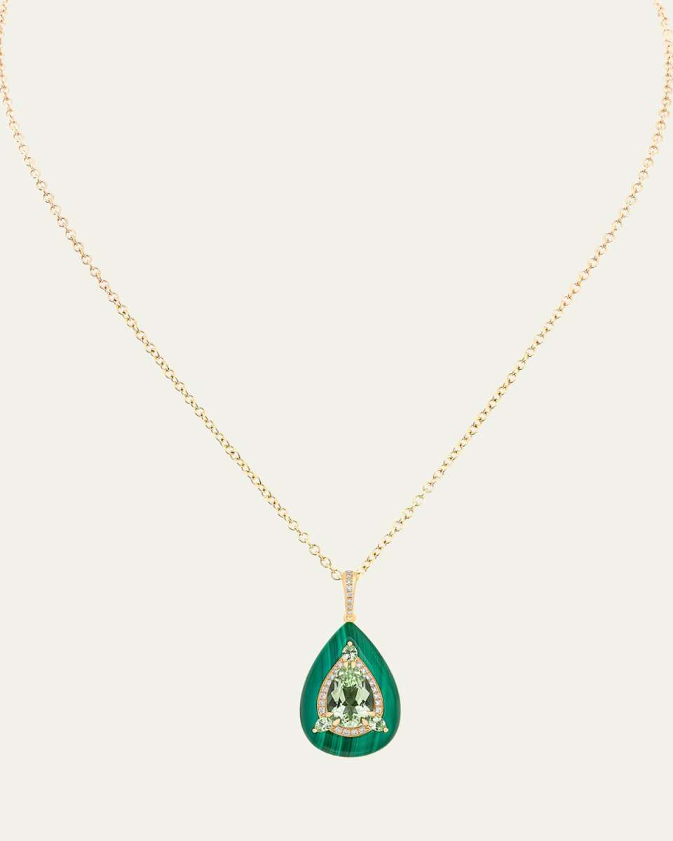 Reveal 18K Yellow Gold Green Tourmaline and Malachite Pendant with Diamonds