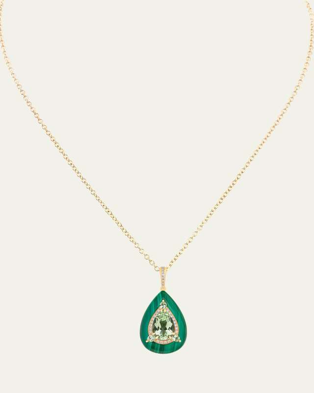 Reveal 18K Yellow Gold Green Tourmaline and Malachite Pendant with Diamonds