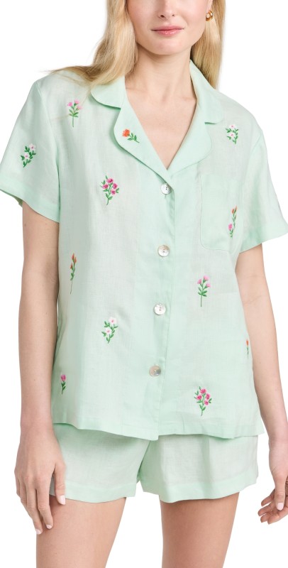 BedHead PJs Mint Short Sleeve Classic Shorty Woven Linen PJ Set Dusty Aqua
