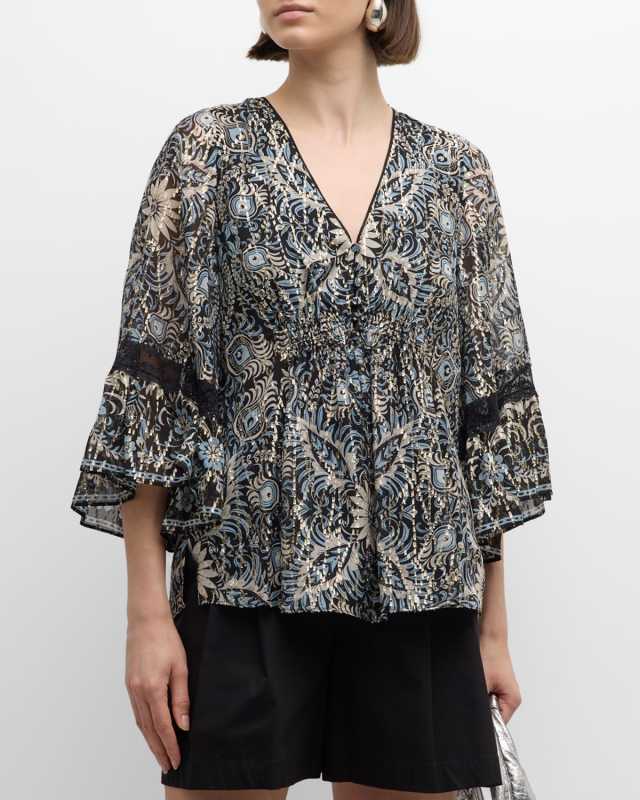 Ele Floral-Print Metallic Fleck Blouse