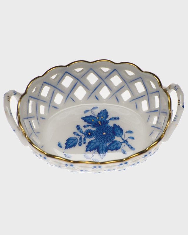 Chinese Bouquet Blue Small Openwork Basket with Handles