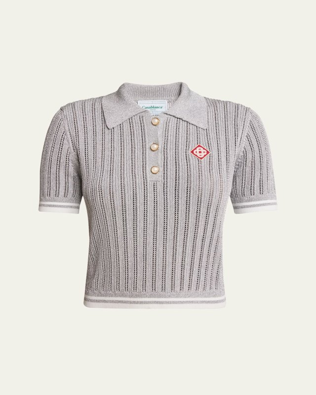 Silver Knit Polo with Logo Patch