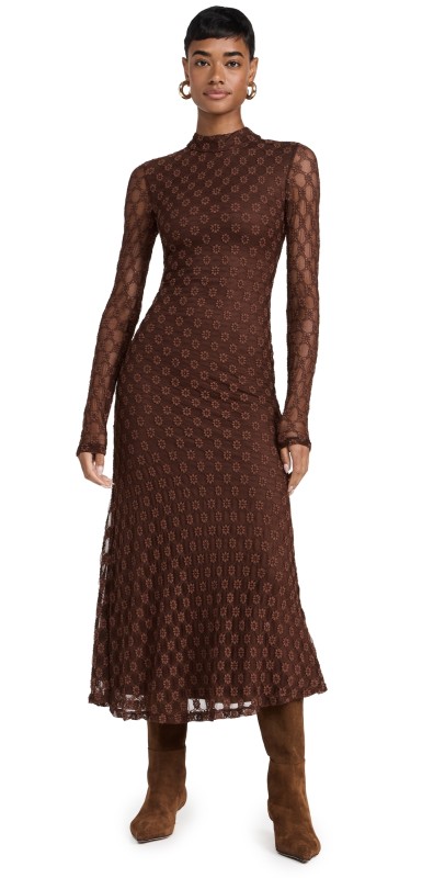 BARDOT Ola Long Sleeve Midi Dress Chocolate