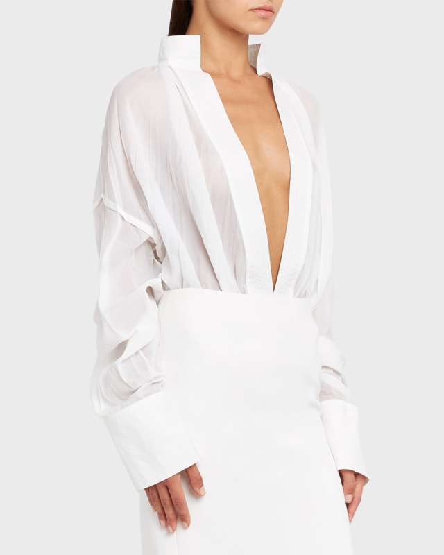 Organza Plunging V-Neck Blouse