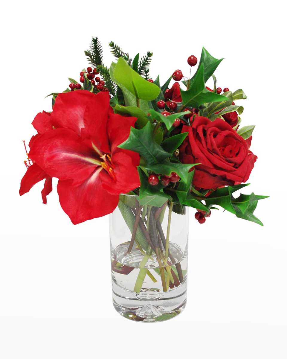 Faux Amaryllis Rose Arrangement in Glass Vase