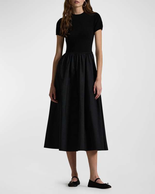 Sweater-Bodice Short-Sleeve Dress