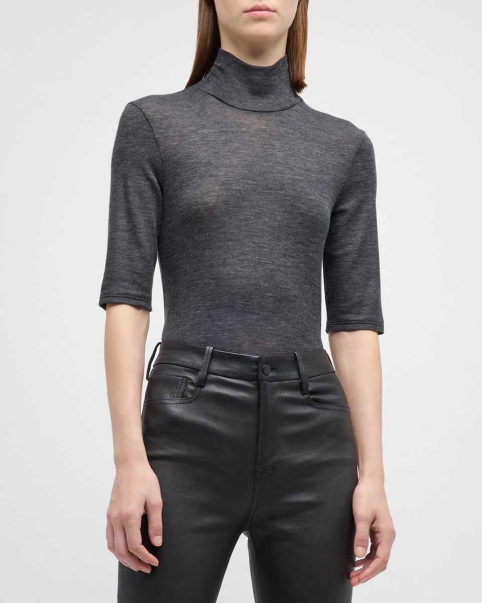 Merino Wool Elbow-Sleeve Turtleneck T-Shirt