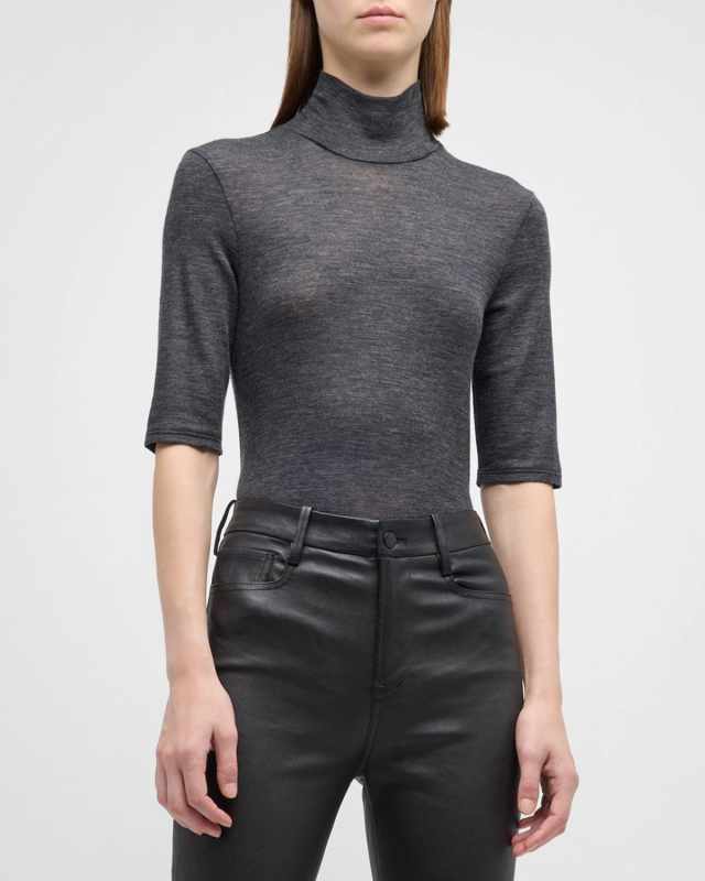 Merino Wool Elbow-Sleeve Turtleneck T-Shirt