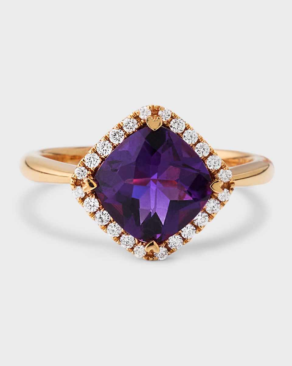 Rocks 18K Rose Gold Petite Cushion Cut Amethyst and Diamond Halo Cocktail Ring, Size 6