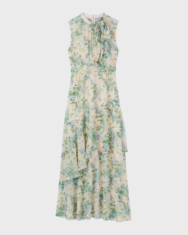 Robyn Metallic Floral-Print Tie-Neck Maxi Dress
