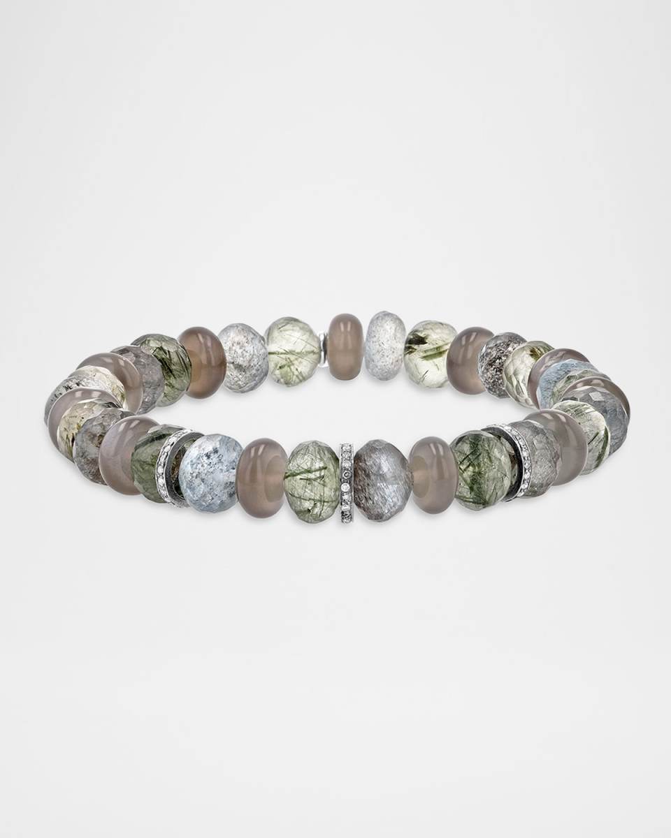 8mm Green/Grey Moonstone Mix Bead Bracelet with Three Diamond Rondelles