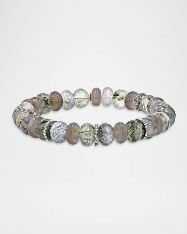 8mm Green/Grey Moonstone Mix Bead Bracelet with Three Diamond Rondelles
