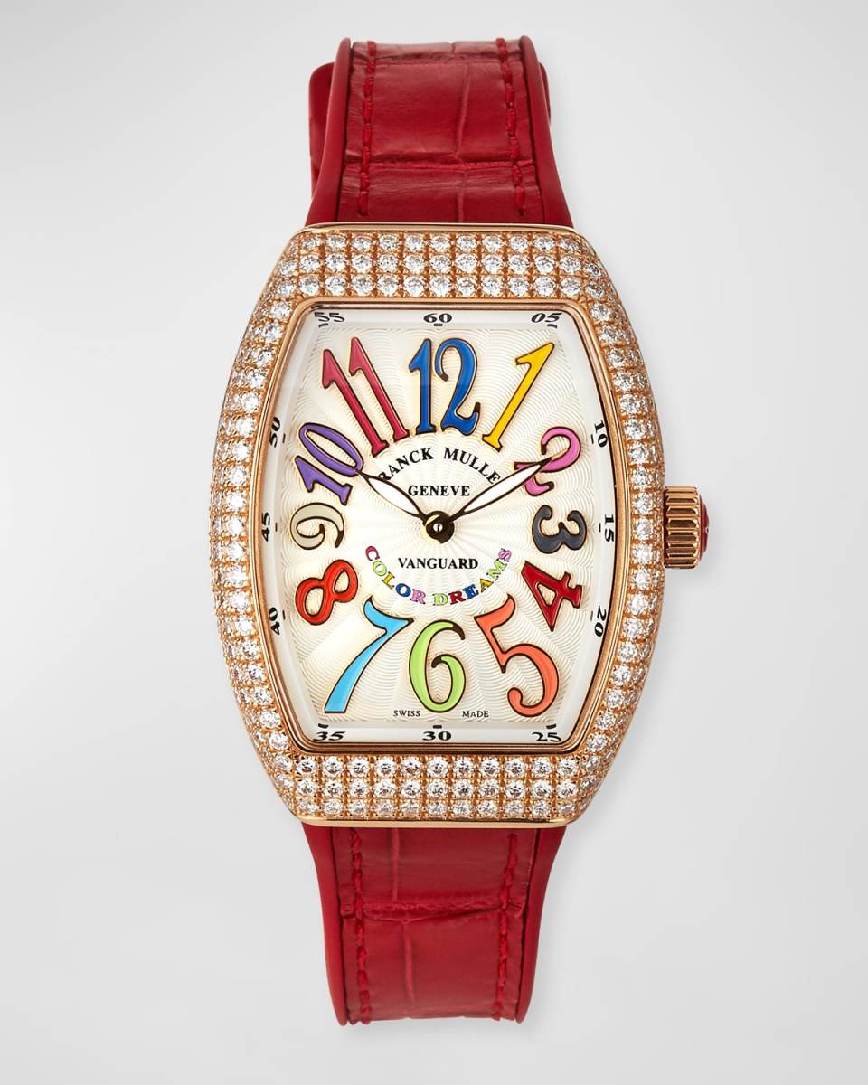 Vanguard 32mm 18k Rose Gold Color Dreams Diamond-Bezel Watch w/ Alligator Strap, Red