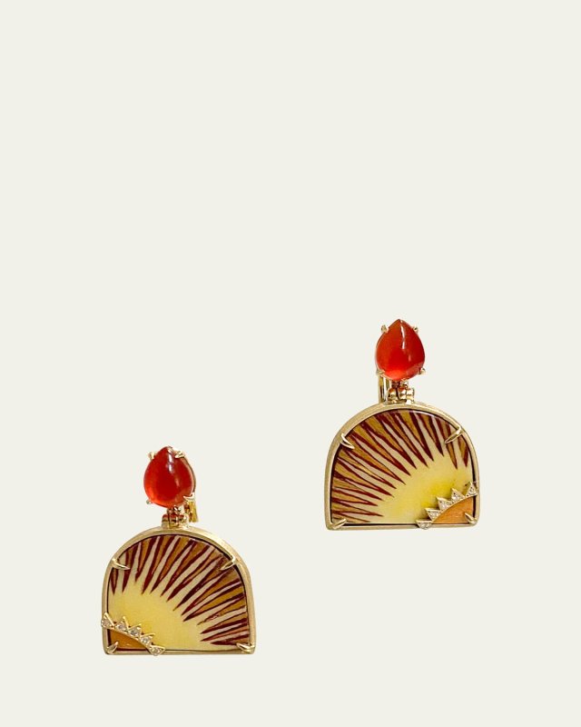 18K Yellow Gold Sunset Marquetry Earrings with Diamonds and Carnelian