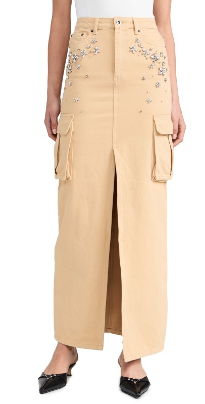 Self Portrait Embellished Denim Cargo Maxi Skirt Beige