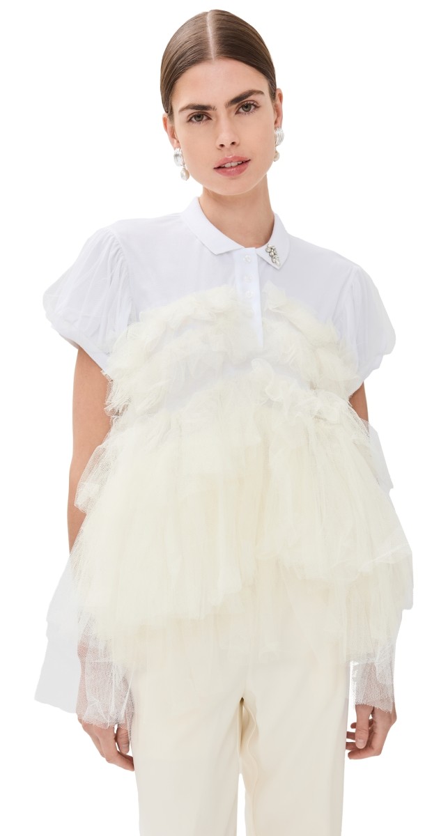 Simone Rocha Puff Sleeve Tulle Frill Polo Shirt White/Ivory/Pearl/Clear