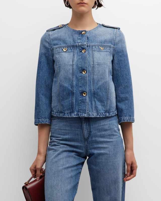 3/4-Sleeve Epaulet Button-Down Jean Jacket