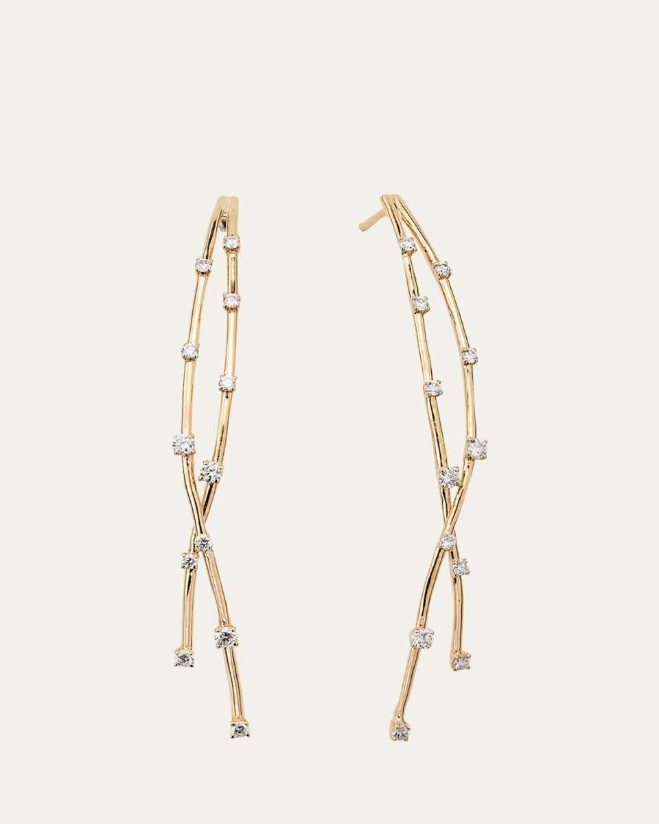 14K Yellow Gold Curved Crossover Solo Linear Diamond Earrings